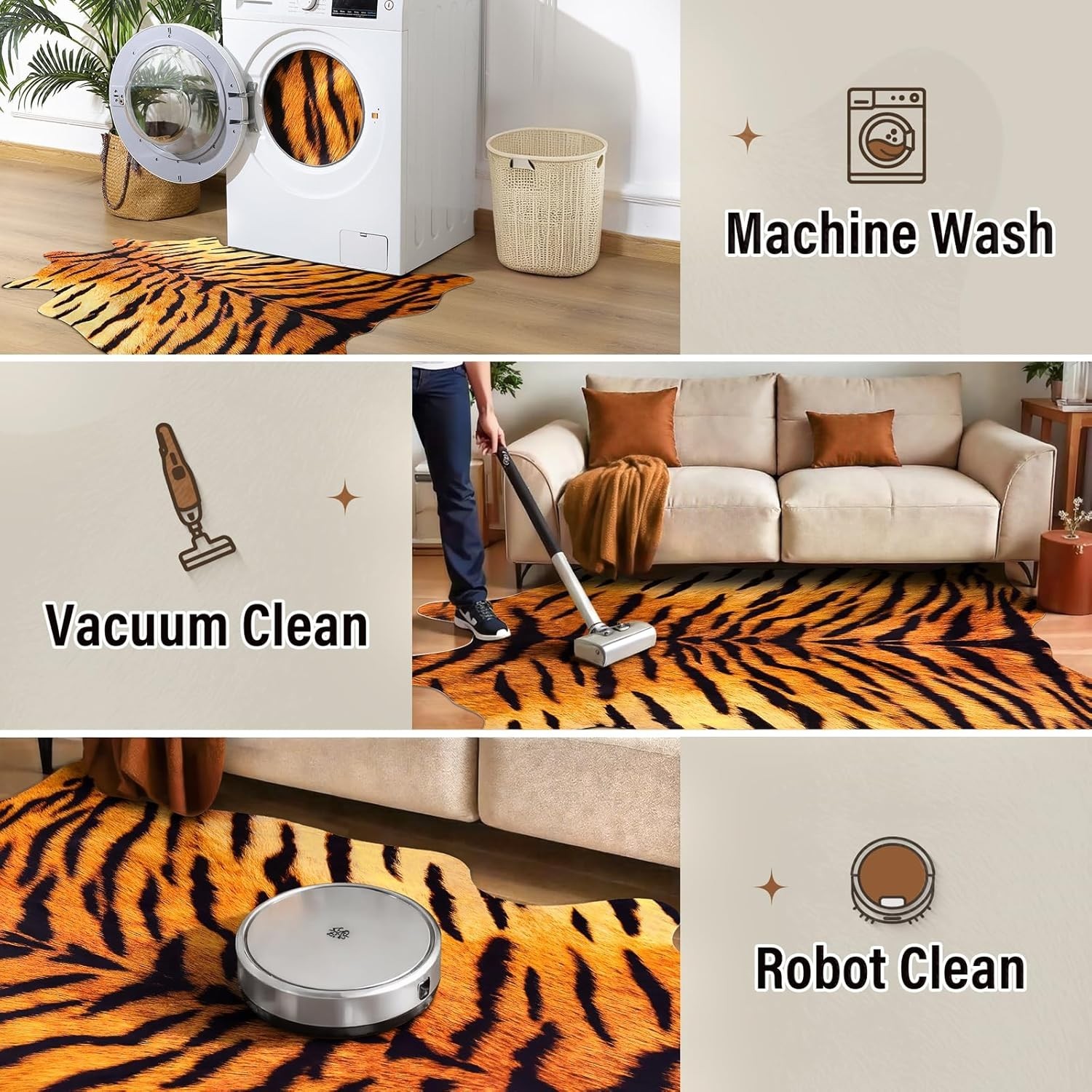 Premium Tiger Print Rug 4.6×5.2ft Washable Faux Fur Non-Slip Home Decor