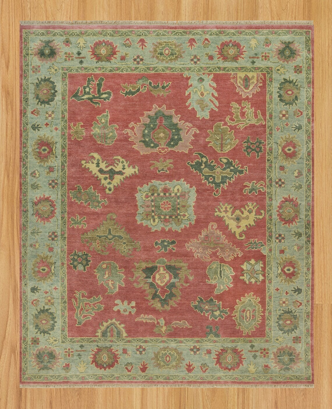 8×10 Vintage Rust-Red Hand Knotted Wool Rug raspberry blush with Pistachio green