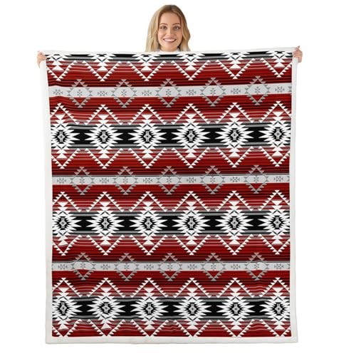 Western Sherpa Blanket Plush Fuzzy Southwestern Aztec Throw Red Grey Black