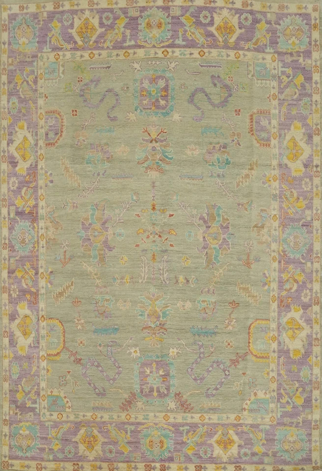 Hand Knotted Oushak Rug 8×10 Sage Green Lavender Muted Wool Rug Pastel Area Rug