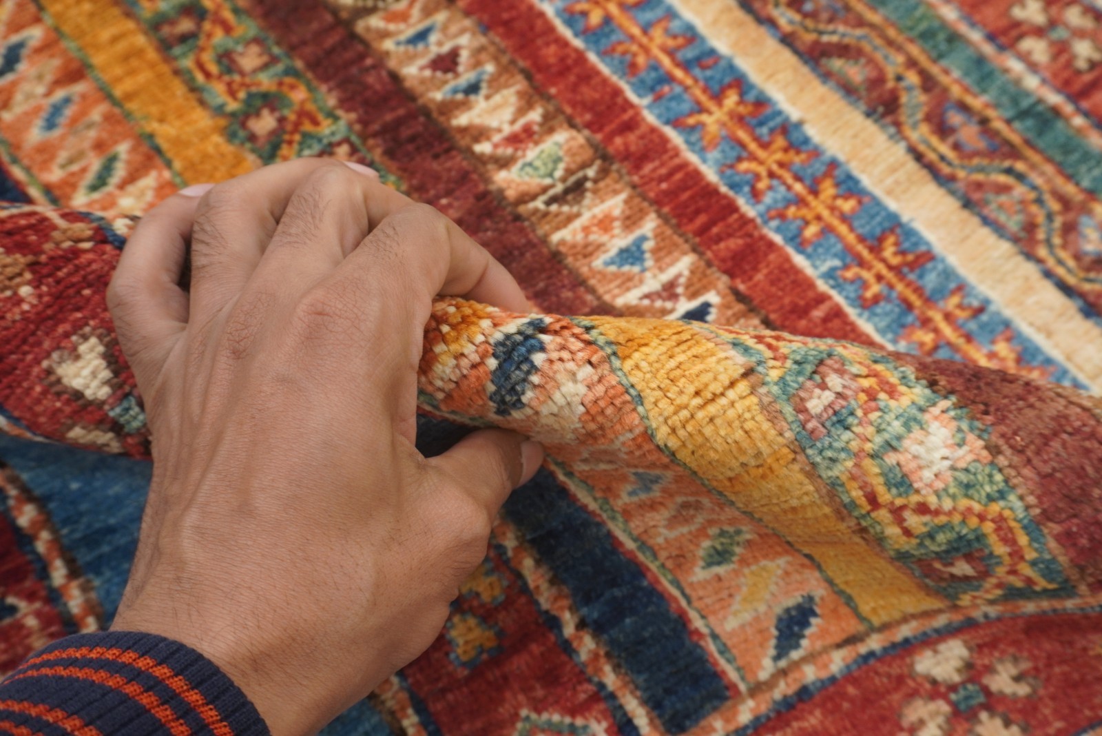 3×4 ft Blue Turkish Shawl Striped Hand Knotted Wool Tribal Area Rug