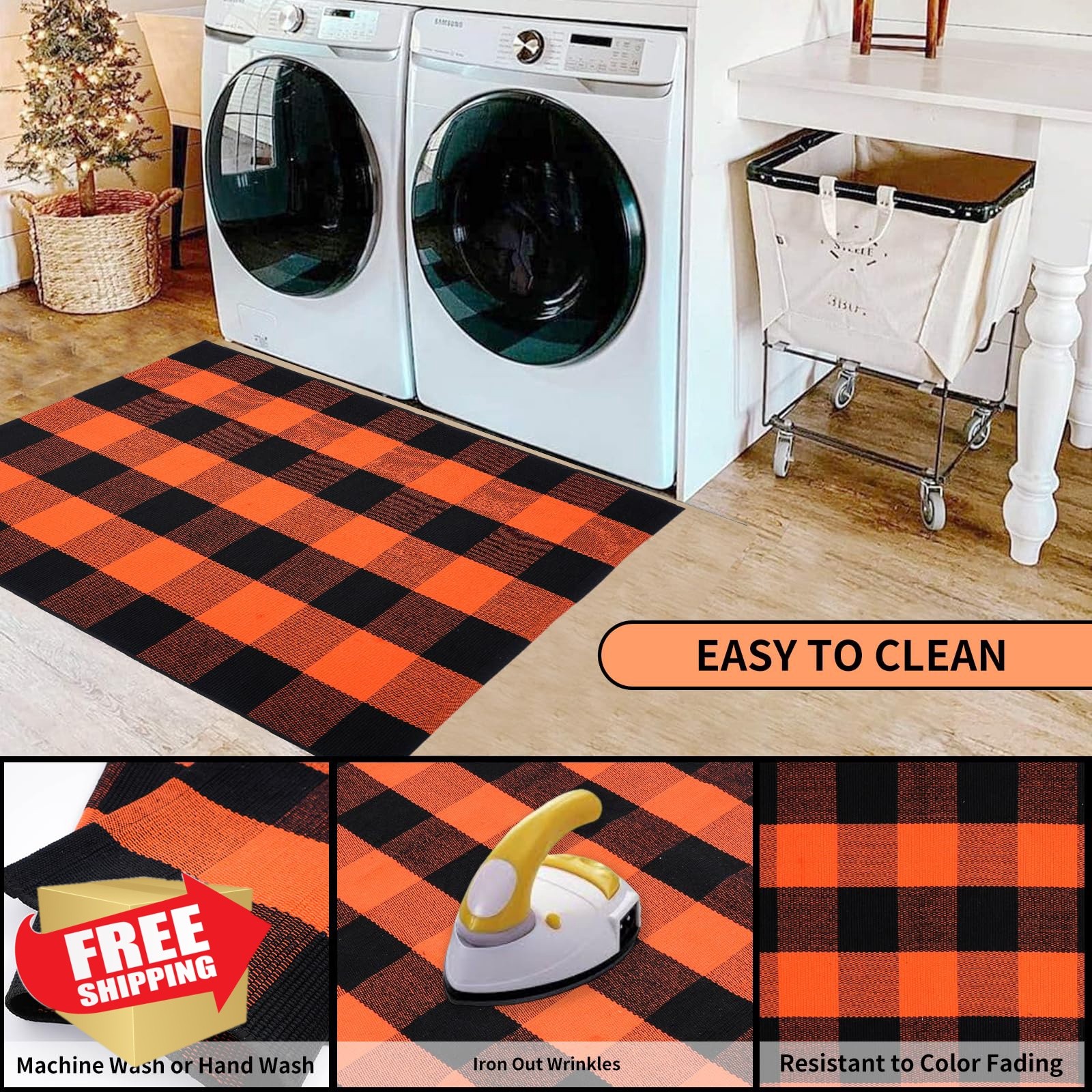PIXFAIRY 4’x6′ Orange Black Plaid Cotton Rug