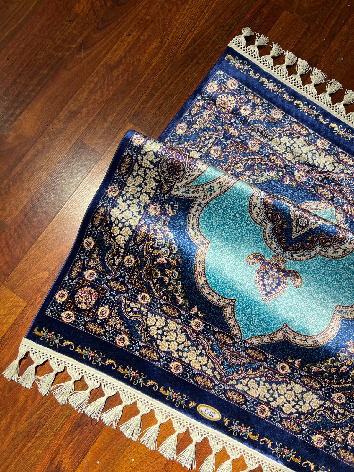 3×5 ft Mini Turkish Silk Rug – Blue Authentic Design, Luxury Housewarming Gift