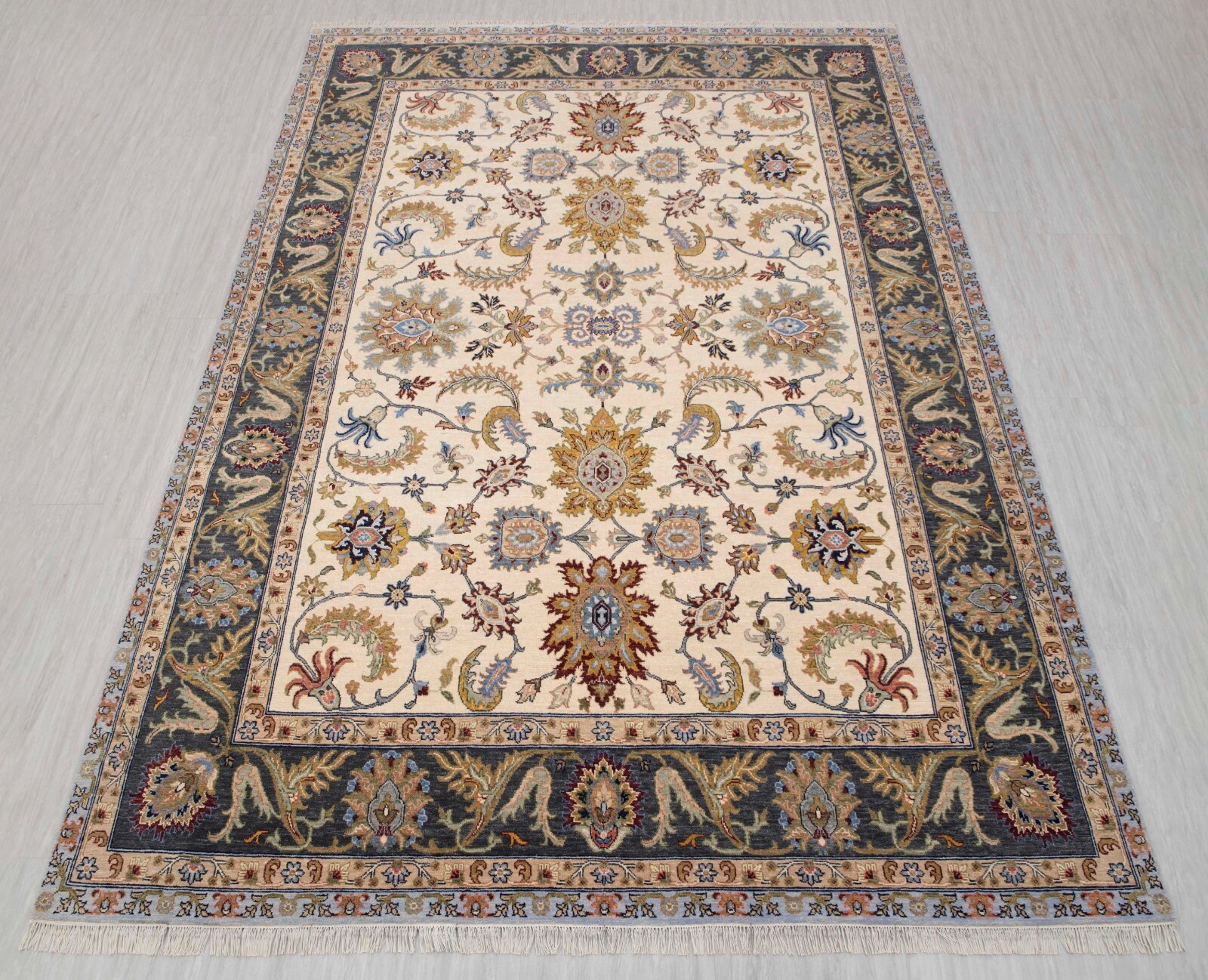 9×12 Ivory Cream Grey Indo Peshawari Rug High Quality Soft Wool Hand Knotted Rug