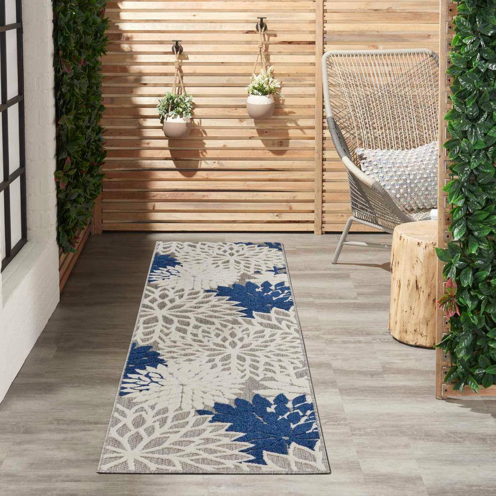 Aloha Ivory/Navy 2 Ft. X 6 Ft. Kitchen Runner Floral Modern Indoor/Outdoor Patio