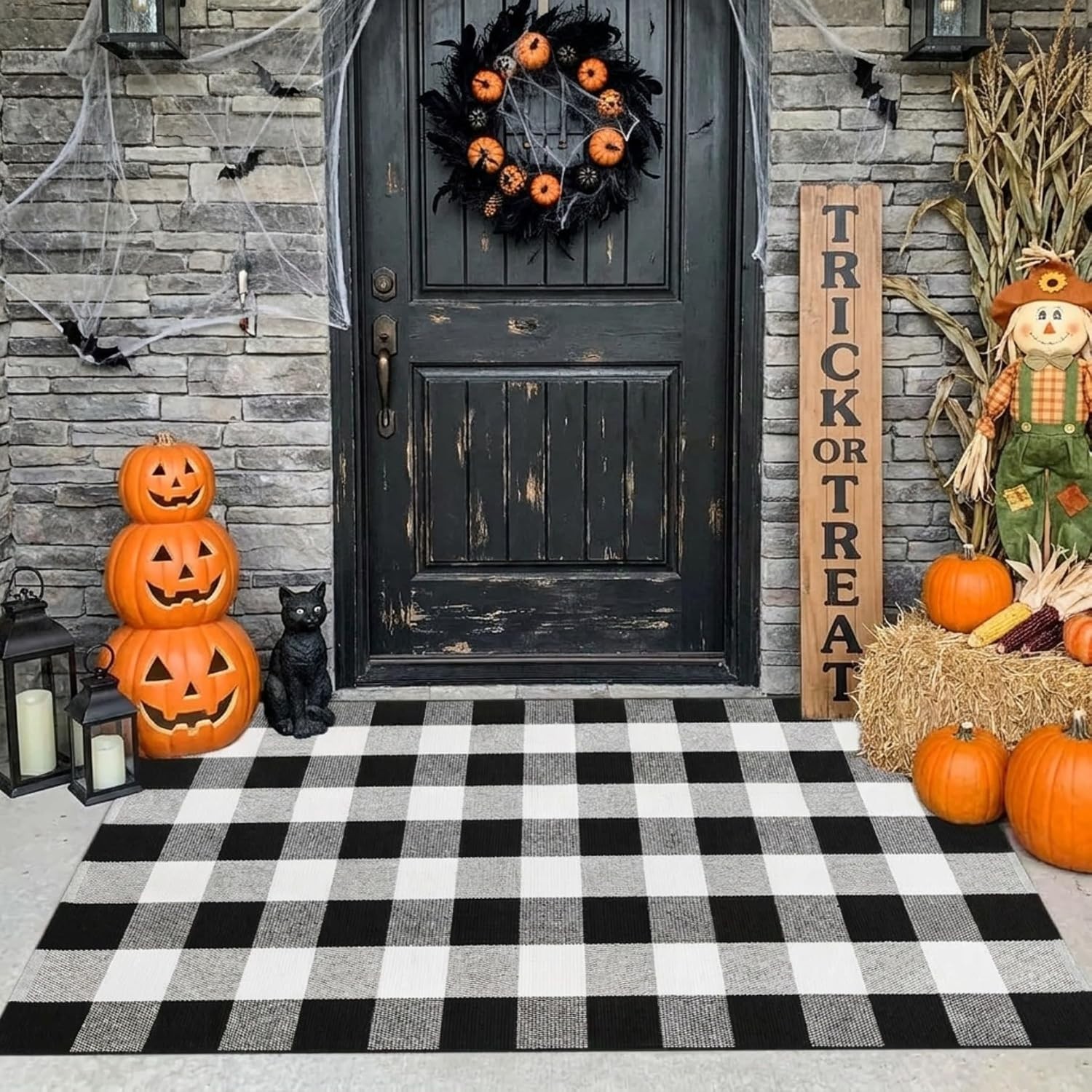 Cotton Buffalo Plaid Rug, 2’X3′ Black And White Outdoor Rug Front Door Decorativ
