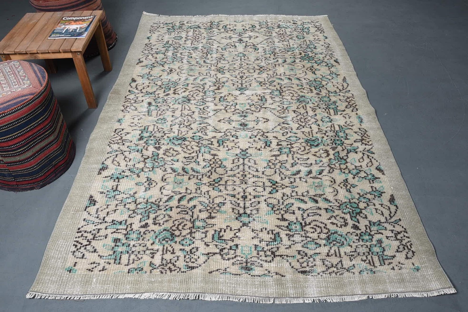Turkish 5,2×7,6 ft Rug, Vintage Rug, Beige Solid Rug Wool