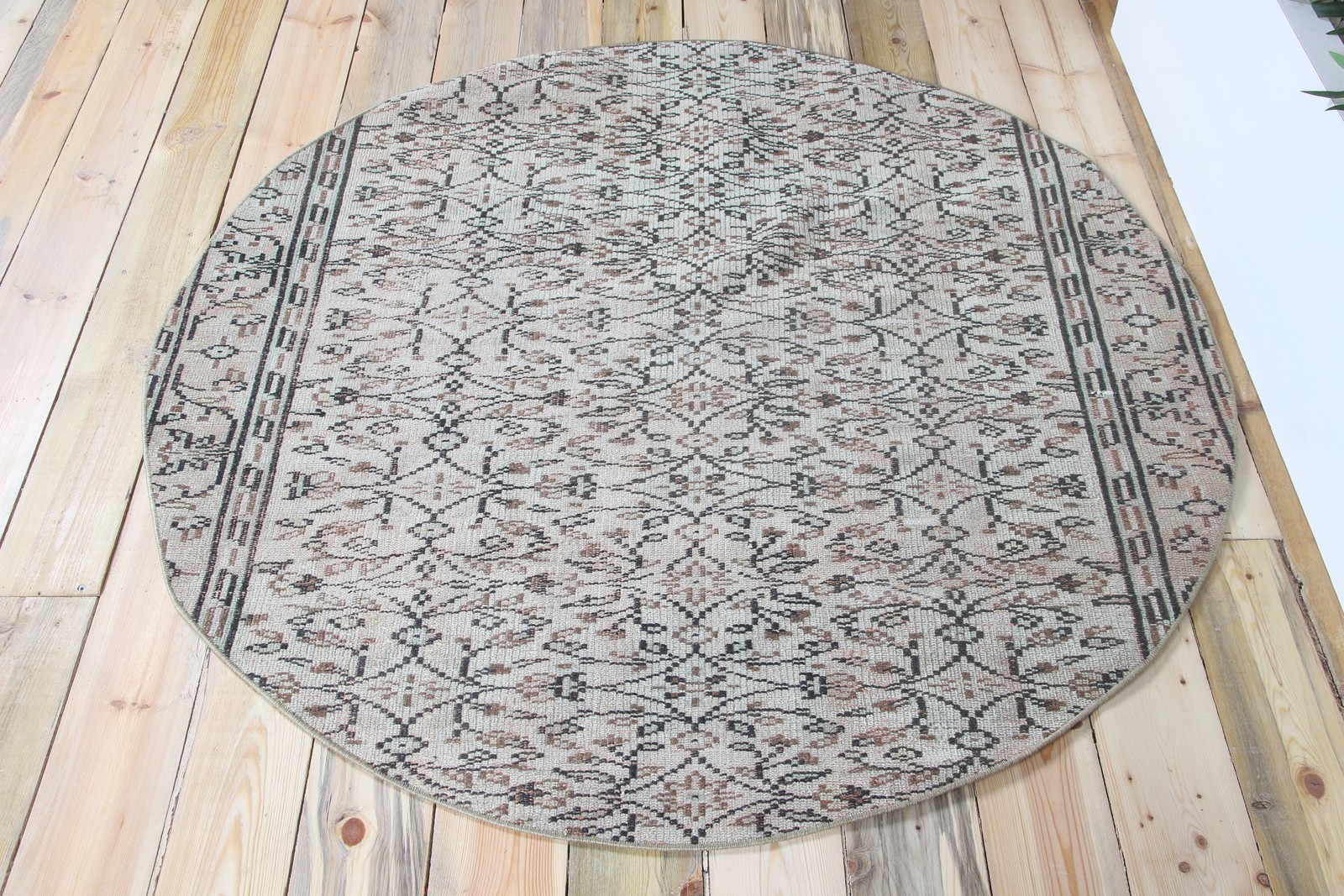 4,9×4,9 ft Turkish Rug, Vintage Round Rug, Green Brown Floral Rug