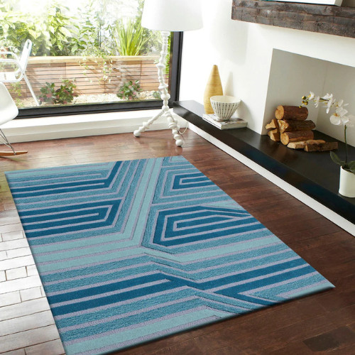 Blue Hand Tufted Wool Rug, Wool Carpet Abstract Handmade Wool Area Rug Room
