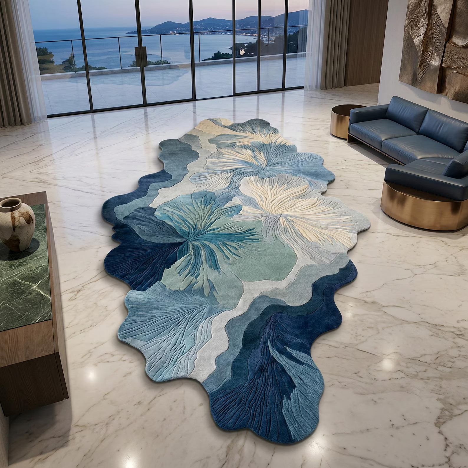 Hand Tufted Irregular Shaped Rug | Abstract Blue Floral Ocean Carpet | Wavy Edge