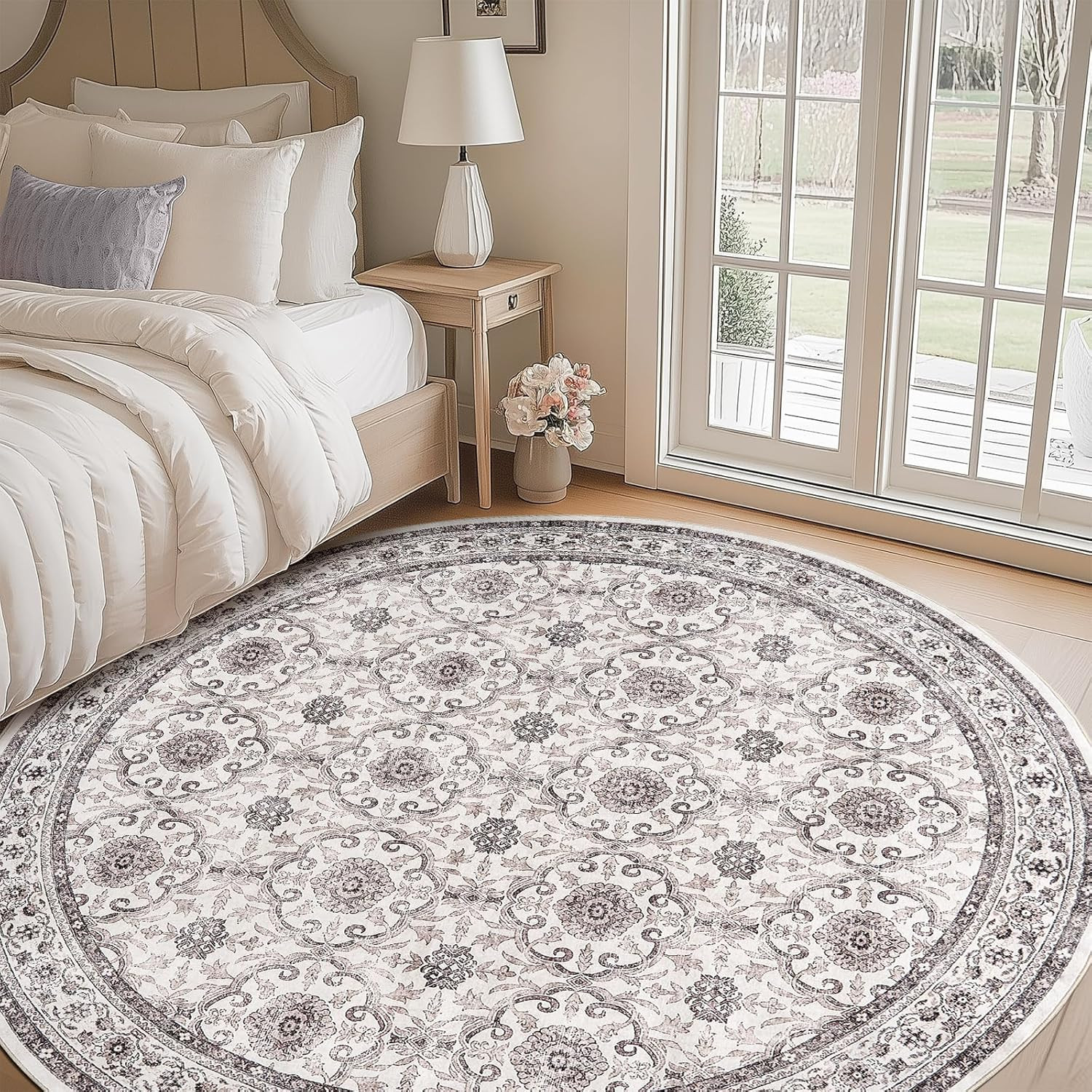 Beige Floral Round Rug 7ft Washable Non-Slip Carpet for Home Décor