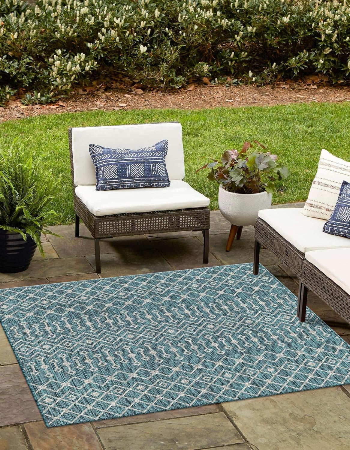 Tribal Trellis Outdoor Area Rug – 10′ Square Teal/Ivory Design