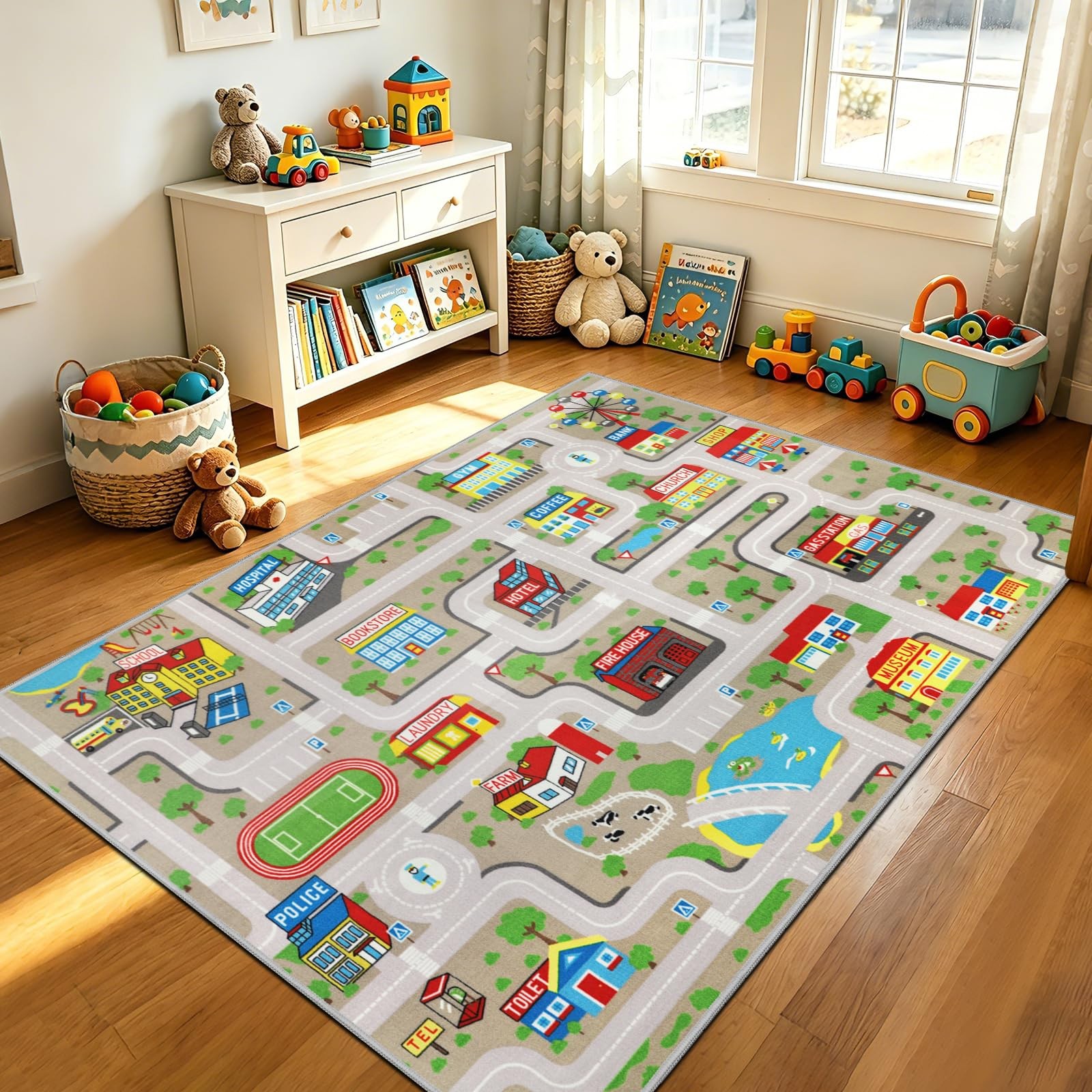Tan Car Road Kid Rug Carpet Playmat for Playoom Traffic Road Play Mat for Non…