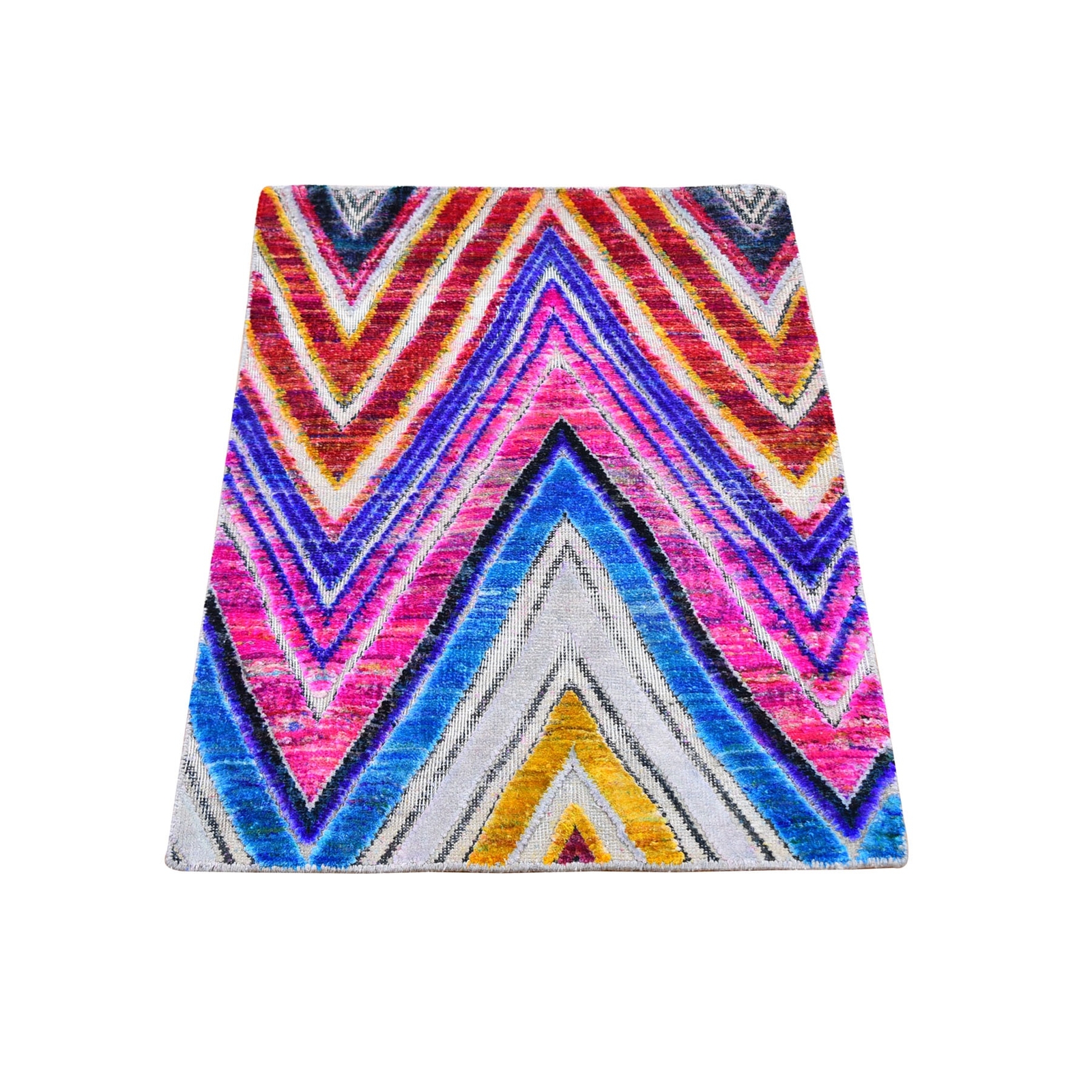 2′ x 3′ Colorful Hand Knotted Chevron Design Sari Silk with Text Wool Rug R59550