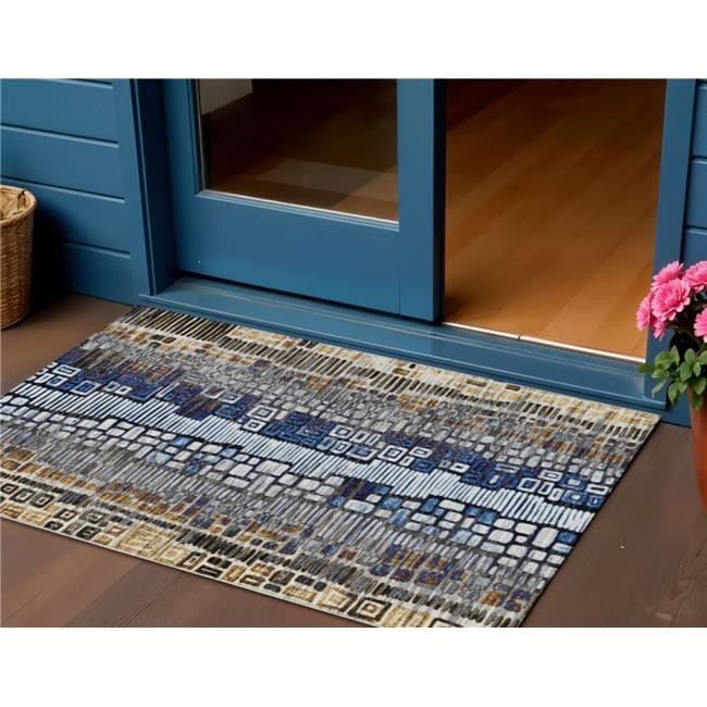 3×5 ft. Pewter Ivory Blue & Gold Geometric Washable Transitional Indoor & Out…