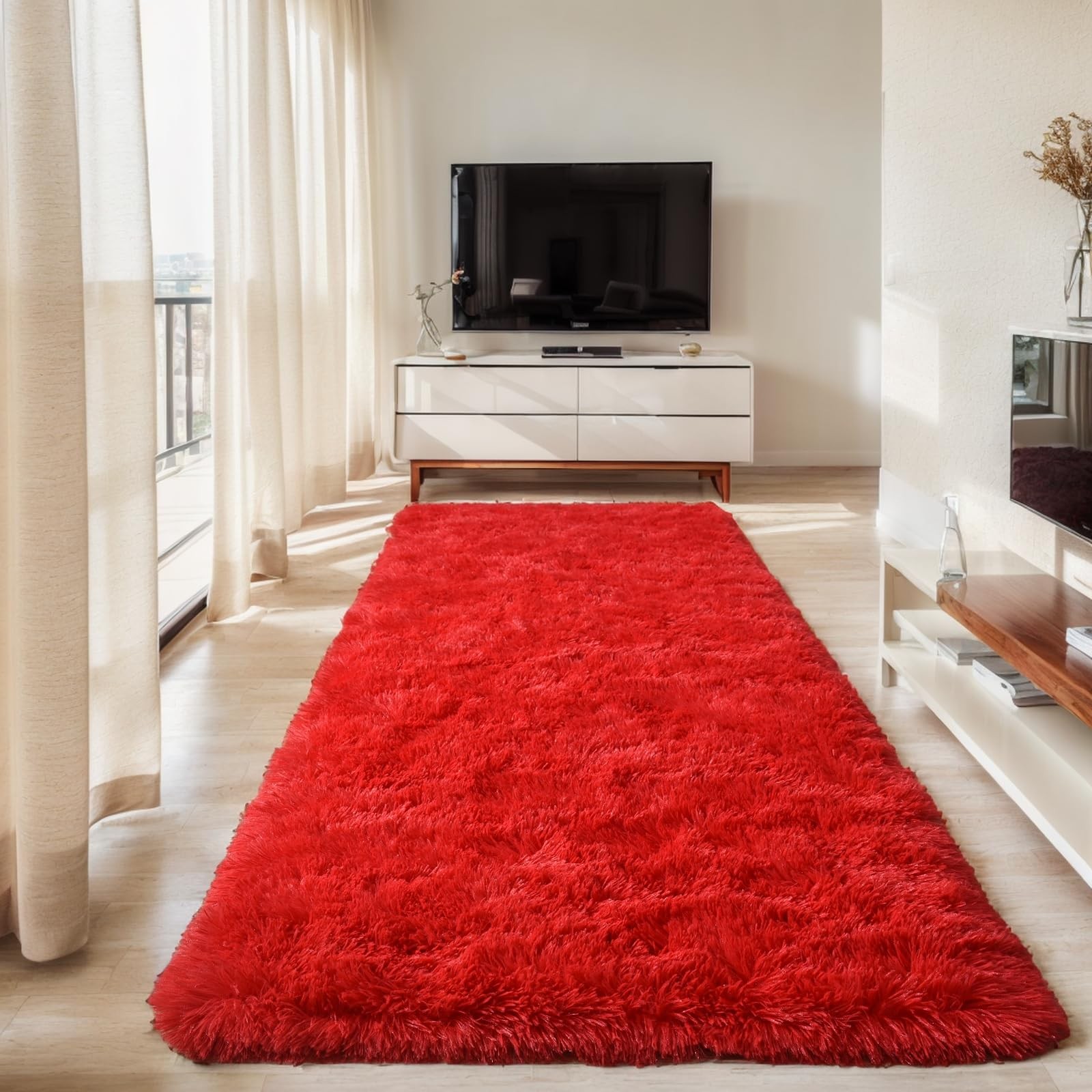 Soft Red Runner Rugs for Bedroom, 2×10 Ft Hallways Modern Plush Shag Carpet, …