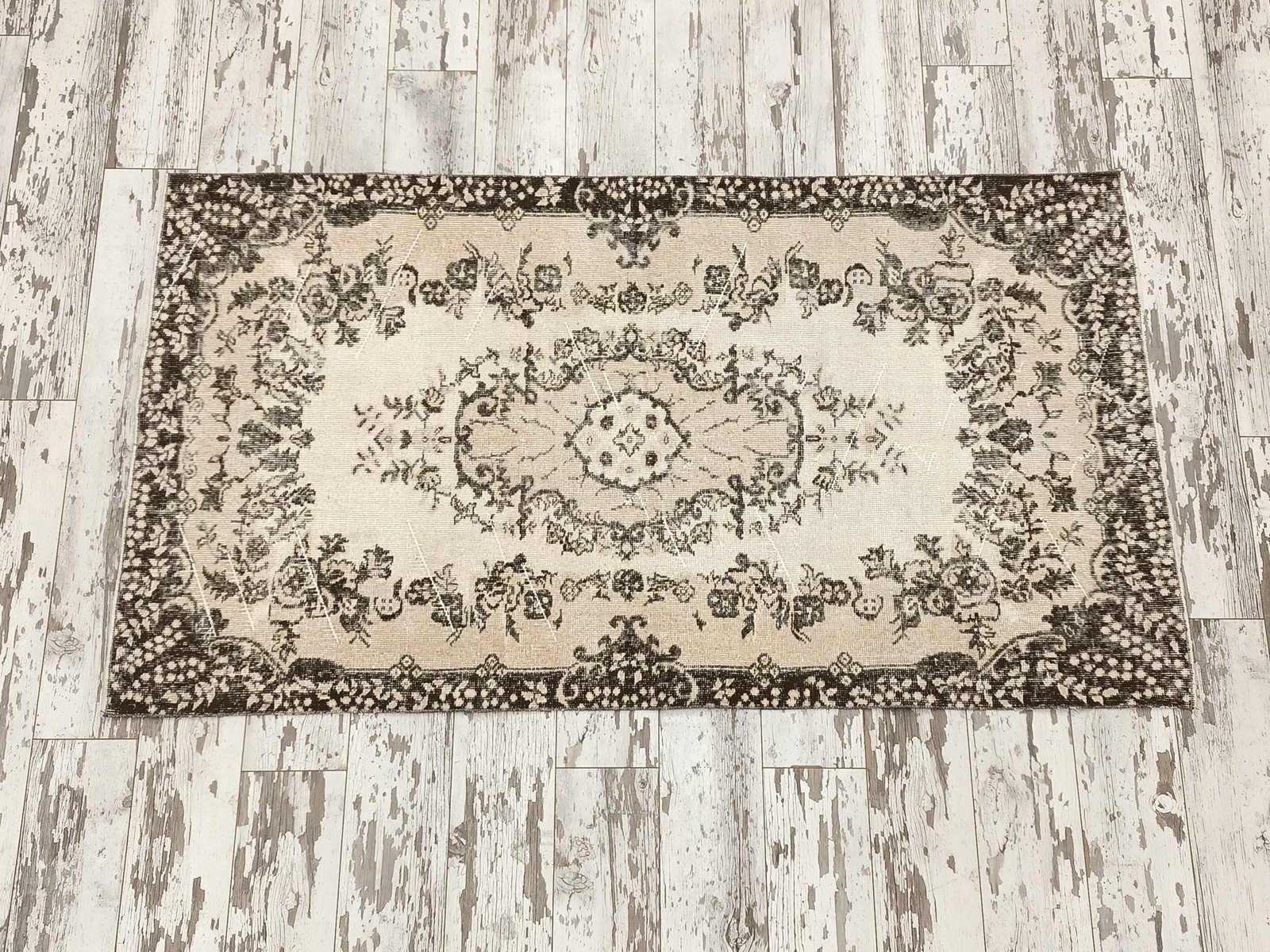 Hand Knotted Rug Vintage Turkish Woolen Botanical Farmhouse 3.7×6.8 Ft