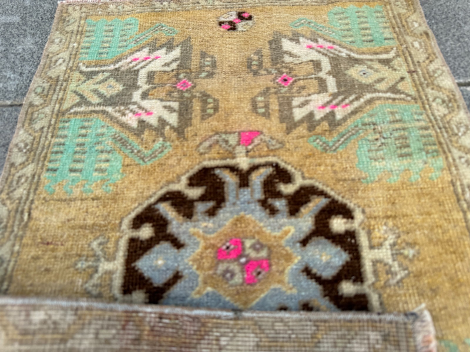 Vintage Turkish Oushak Rug 1.4×2.3 ft Mustard Gold Door Mat Accent Rug