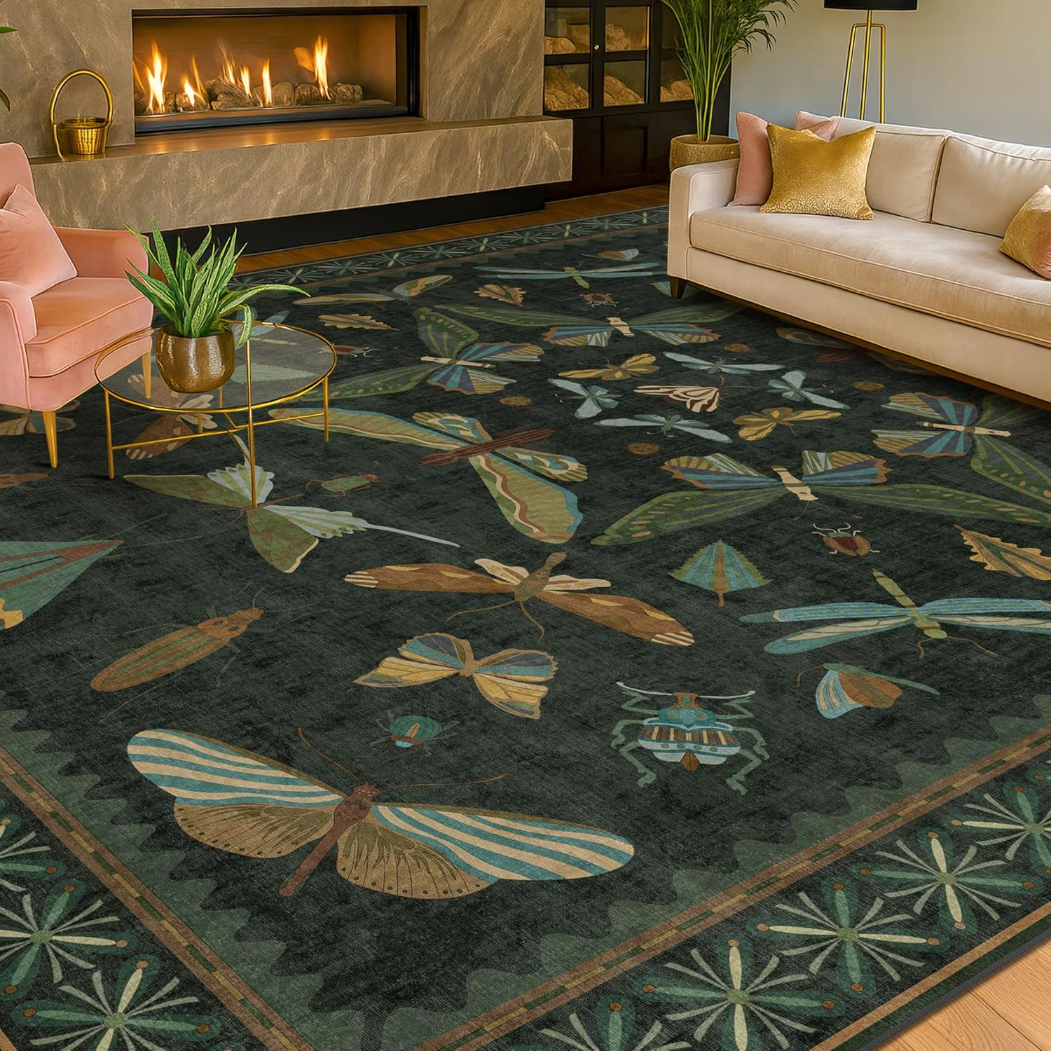 Dark Green Insect Area Rugs 8X10 for Living Room, Dining Room under Table, Bedro