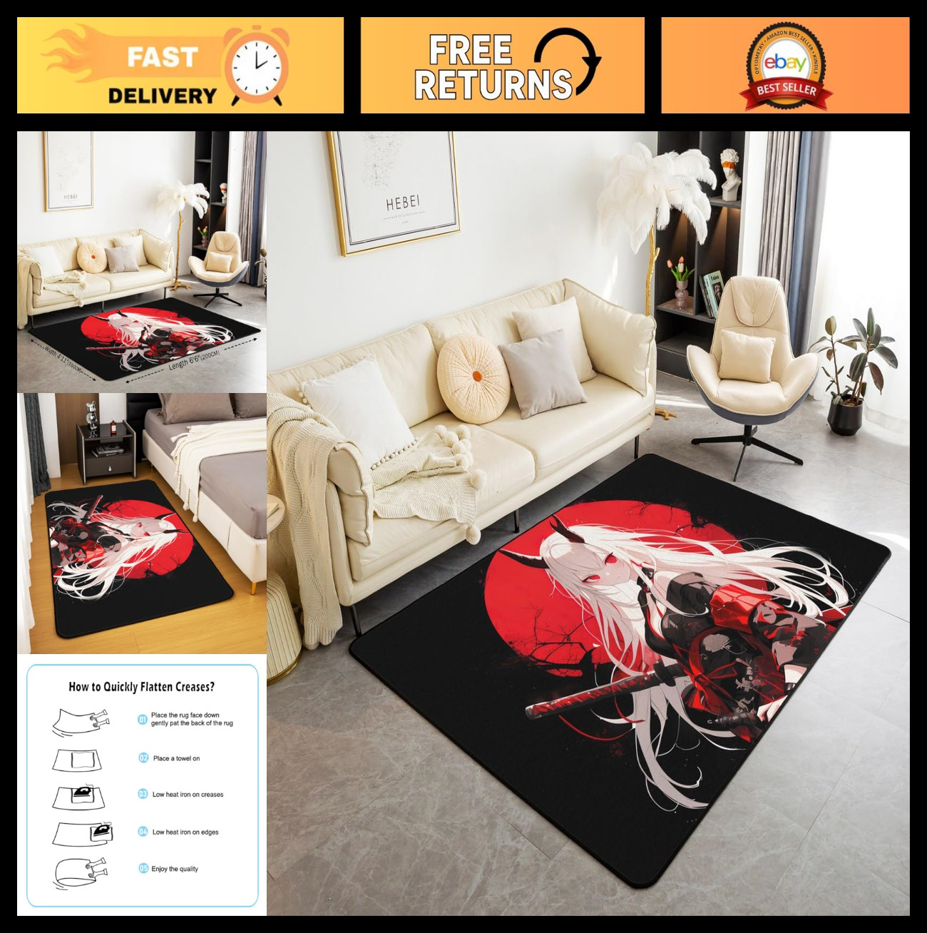Anime Area Rug 6’6″ x 4’11” – Kawaii Cartoon Floor Mat for Kids & Teens, Washabl
