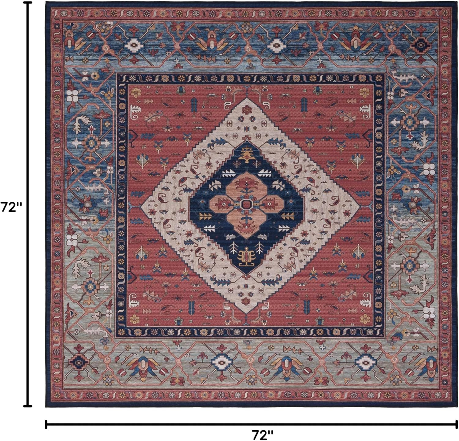 Tucson Washable Rug 6′ Square – Rust & Blue, Slip Resistant, Easy Care