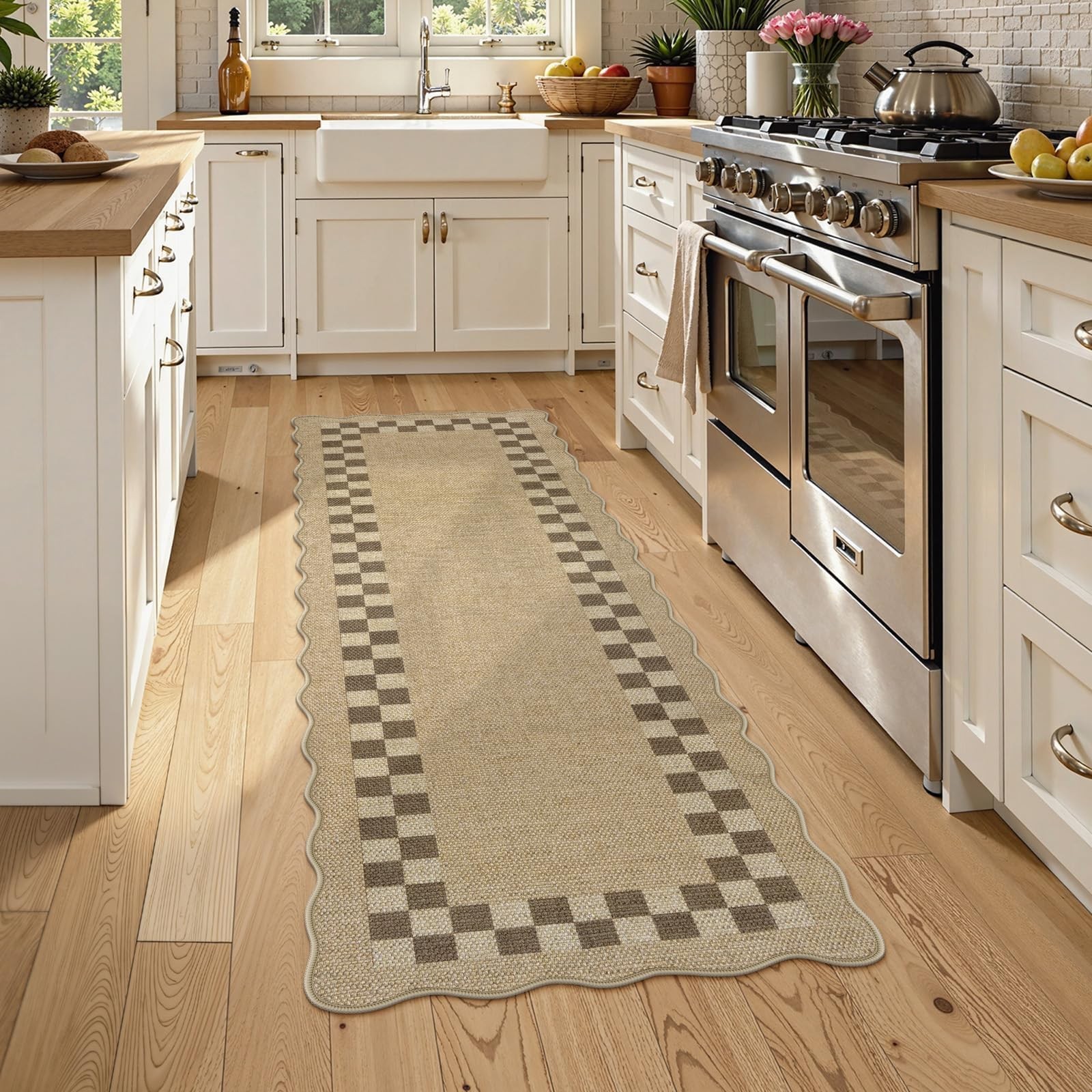 Easy Jute Checkered Runner Rug for Kitchen, Scalloped Washable 2×6 Tan Rugs f…