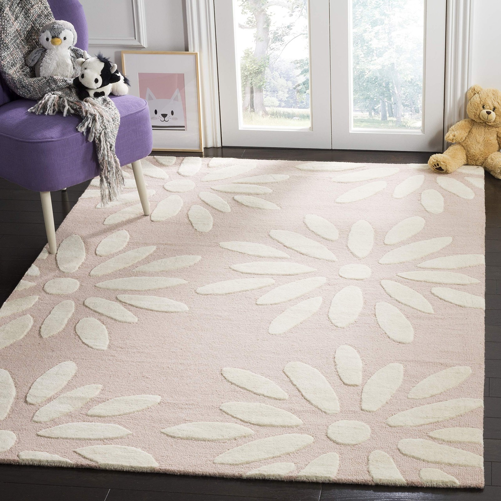 Kids Collection Area Rug – 5′ x 7′, Pink & Ivory, Handmade Daisy Wool, Ideal …