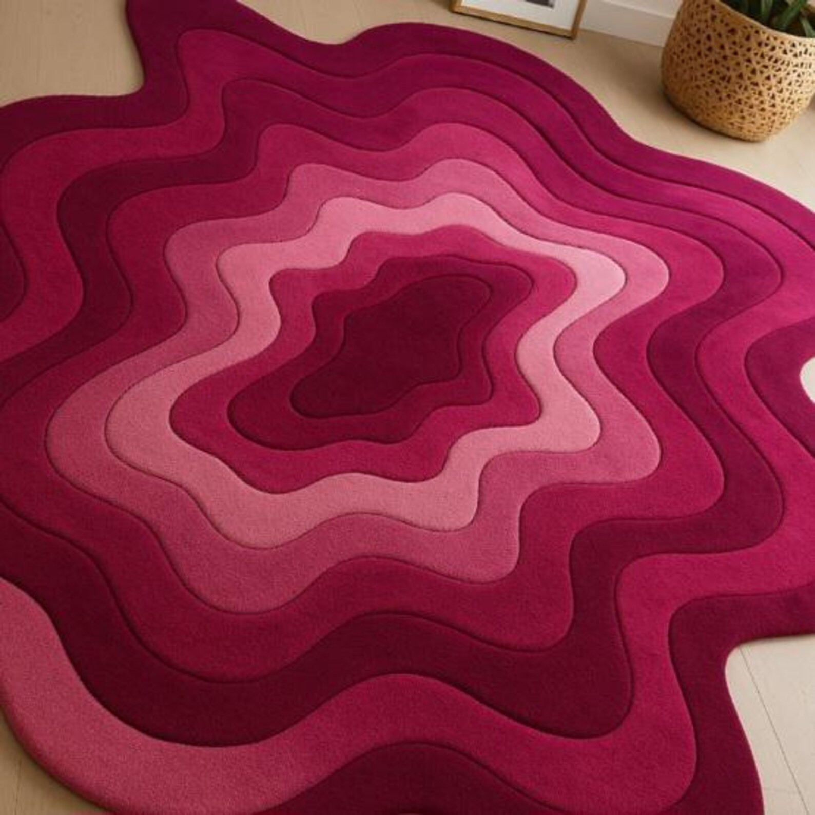 Modern Wavy Layered Rug | Pink & Maroon Abstract Carpet | 3D Organic Shape