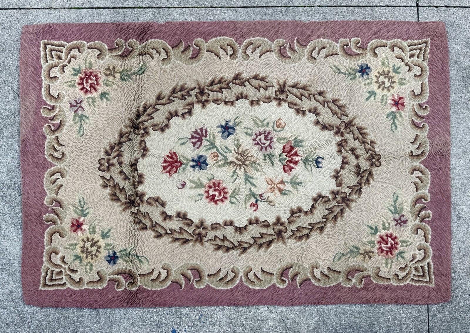 Vintage Hand Hooked Pink, Tan, Multicolor Floral Wool Area Rug, 44”x66”