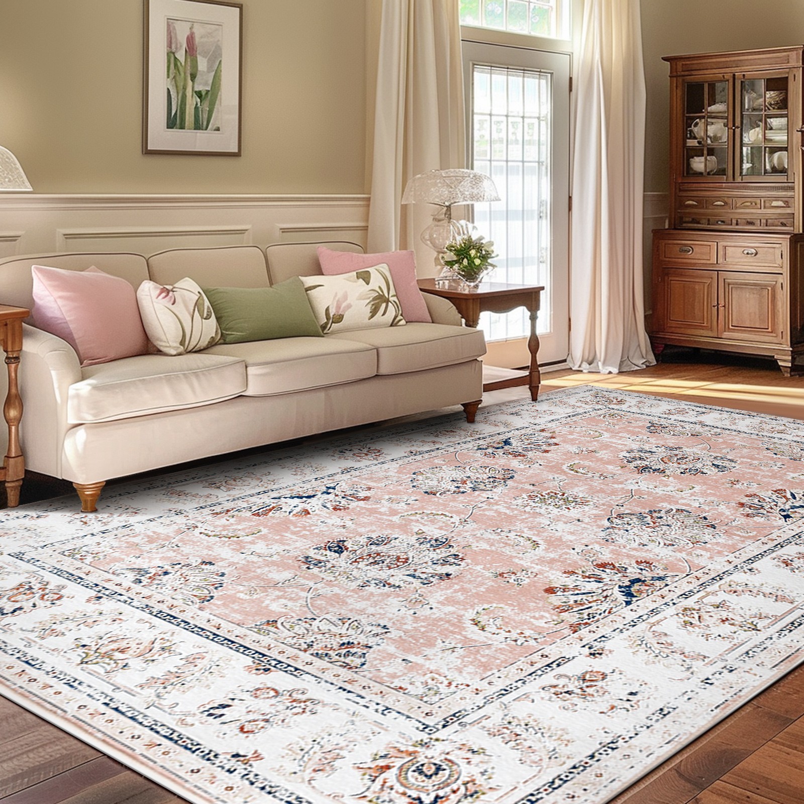 9 x 12 Area Rug Floral Vintage Washable Non-Slip Living Room Bed Room Blue