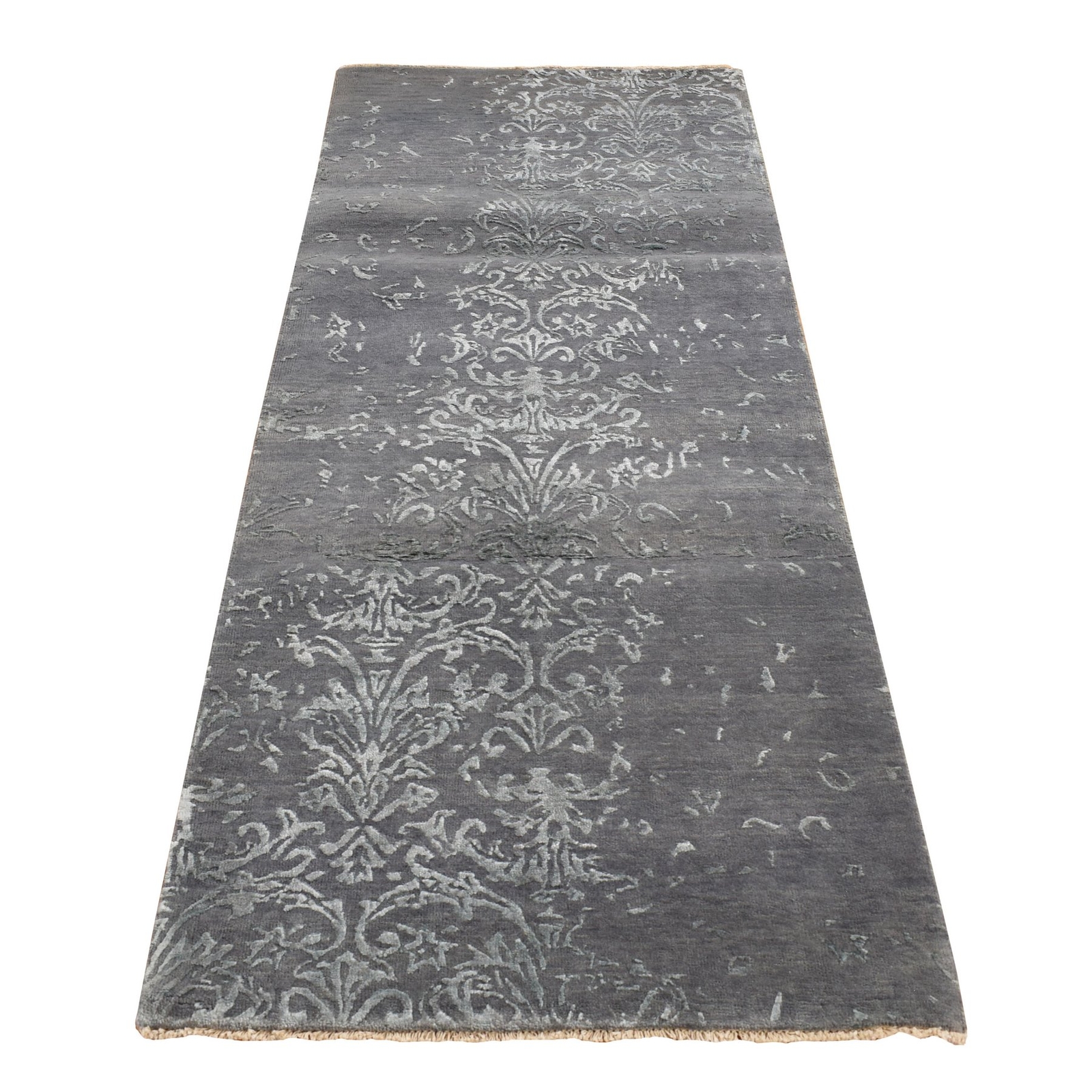 2’9″x6’9″ Gray Erased Abarasque Design Wool and Silk Handmade Runner Rug R87330