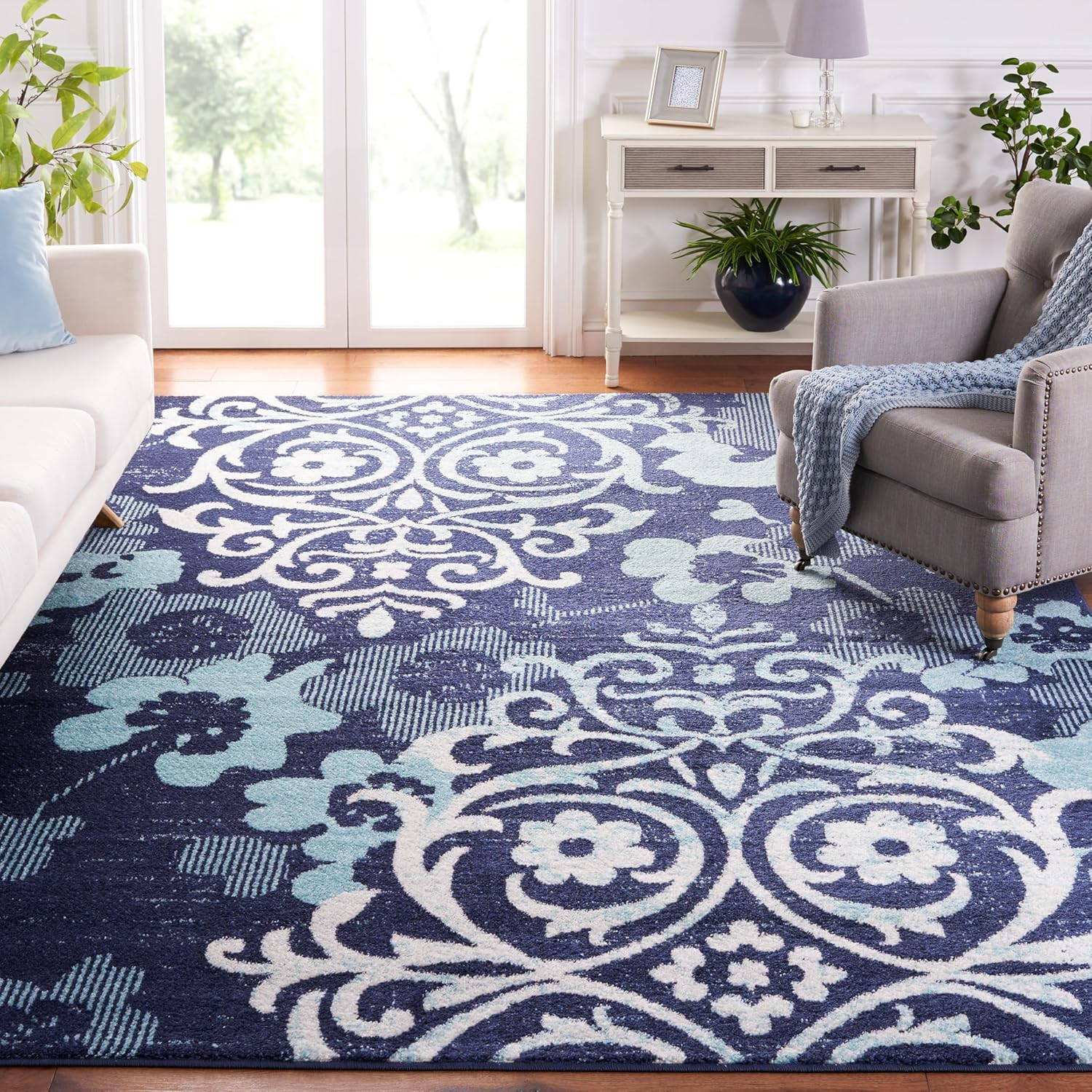 Navy & Aqua Floral Area Rug 8×10 – Non-Shedding, Easy Clean, Adirondack Collecti