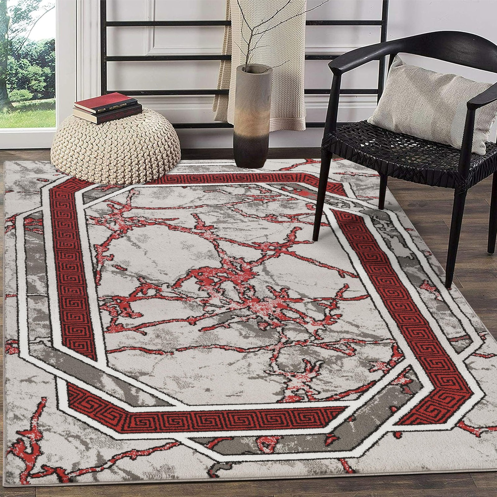 Area Rug Modern 5×7 Red Grey White Black Marble Soft Contemporary Floor Carpe…