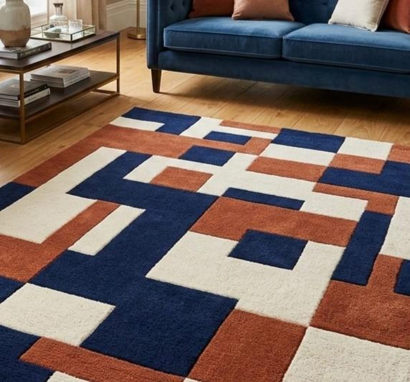 Mid Century Modern Rug Hand Tufted Wool Navy Blue Burnt Orange Geometric 3D Rug