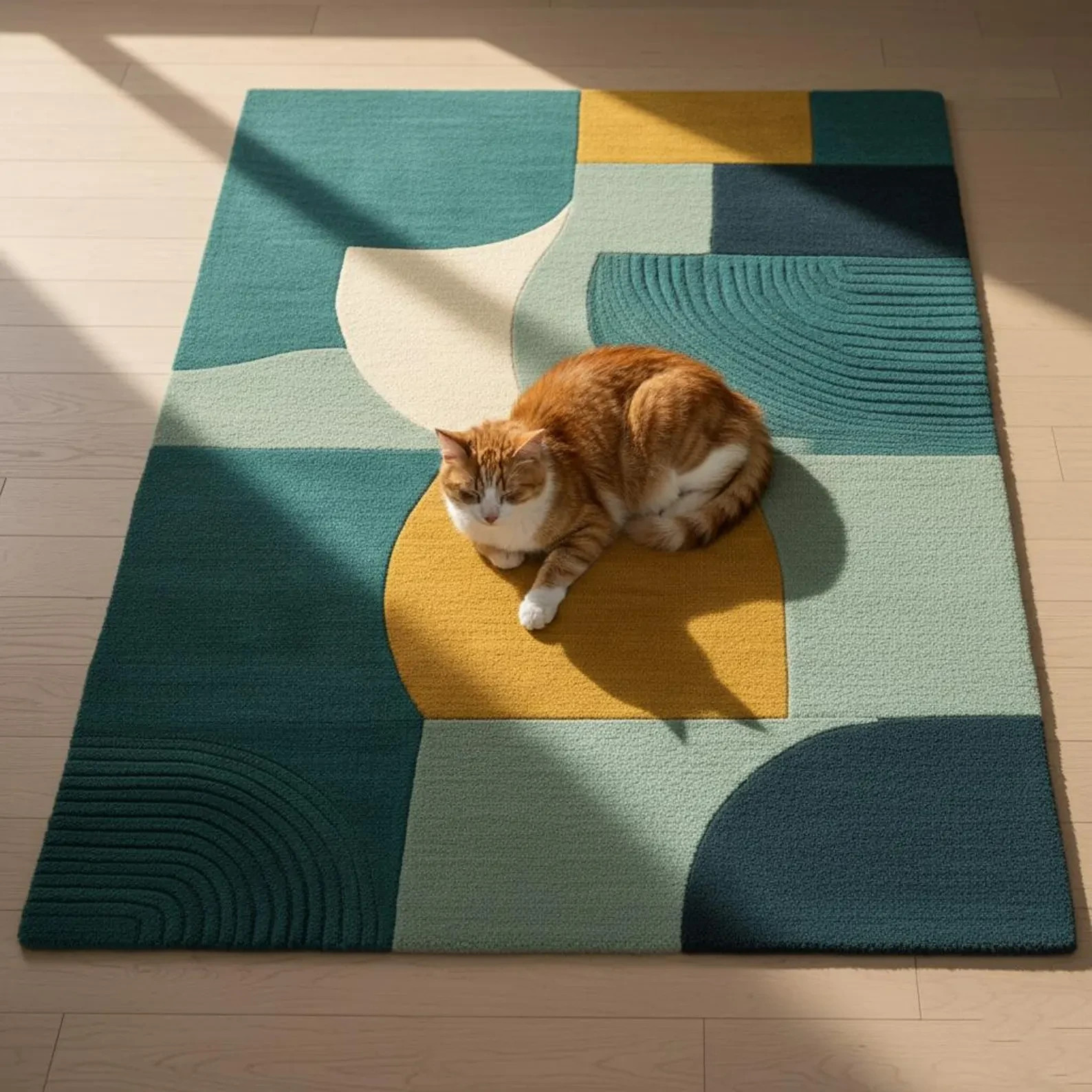 Hand-Tufted Wool Rug: Modern Abstract Teal and Mustard Area Rug Carpet