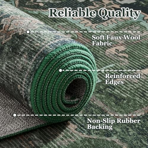 Vintage Dark Green Area Rugs 5×7 for Living Room, Tranditional Distressed