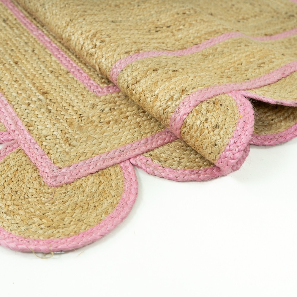 Pink Scalloped Natural Jute Rug, Scallop Edge Bohemian Jute Rug, Custom Size Rug