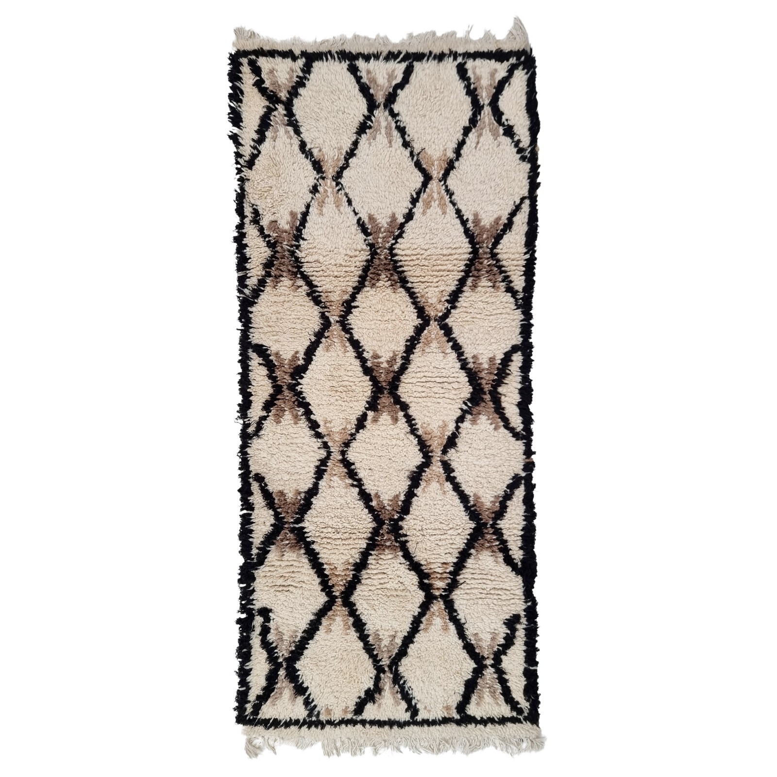 Moroccan Handmade Vintage Rug 2’6×6’2 Berber Geometric White Black Wool Area Rug
