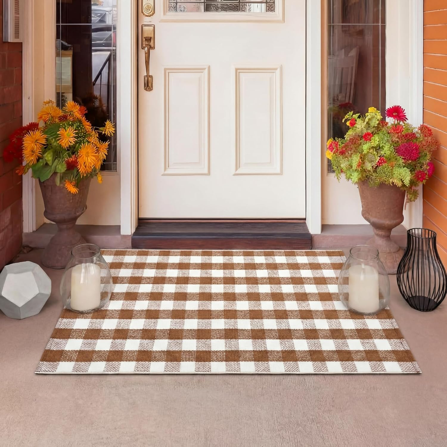 Brown and White Checkered Area Rug 27.5″ X 43″ Cotton Woven Washable Buffalo Pla