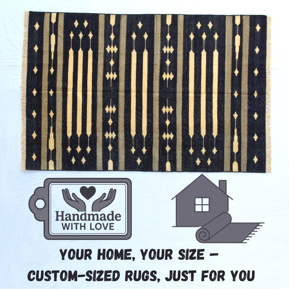 Handmade Dark Blue Golden Yellow Cotton Rug | Split Stripe Flatweave|Custom Size