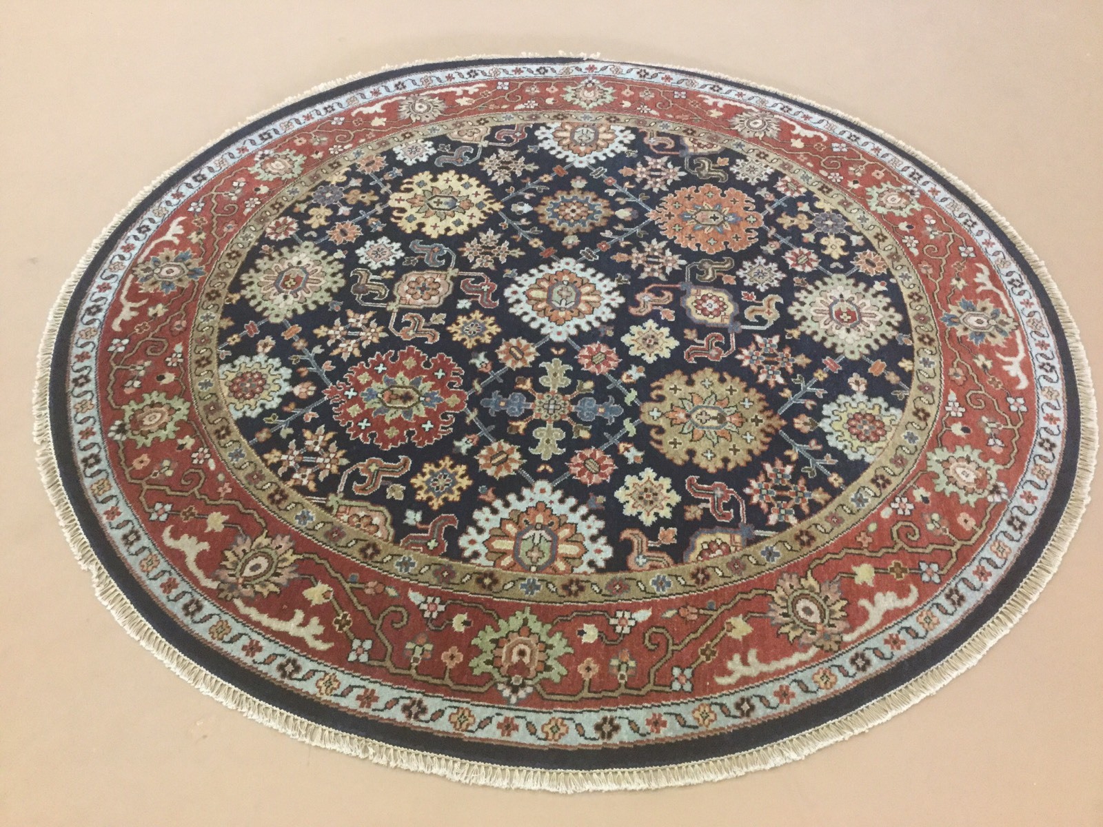 6′.0″ X 6′.0″ Round Blue Rust Fine Geometric Oriental Area Rug Hand Knotted Wool