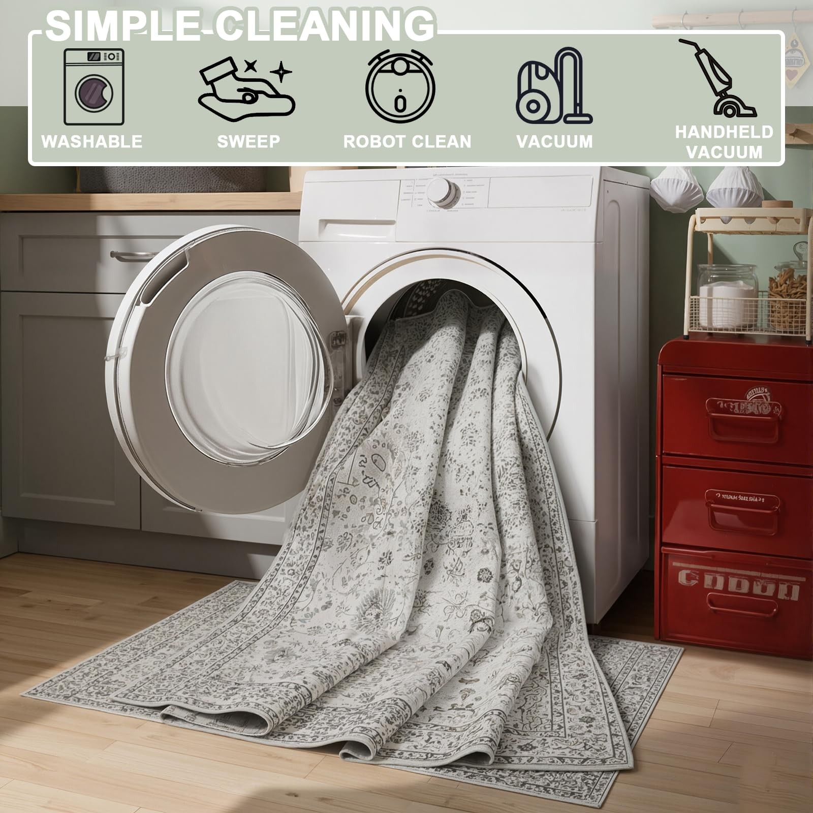 Floral Machine Washable Rug Grey White 3×5 Non Slip Soft Bedroom Ultra Thin