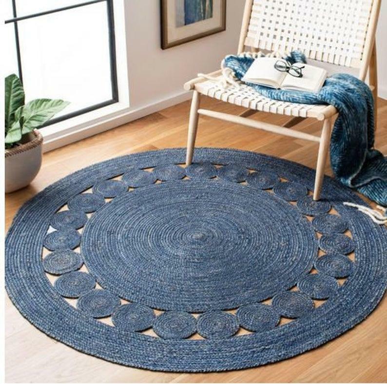 Jute Blue Color Circle Design Round Rugs Braided Handmade Area Rug Reversible
