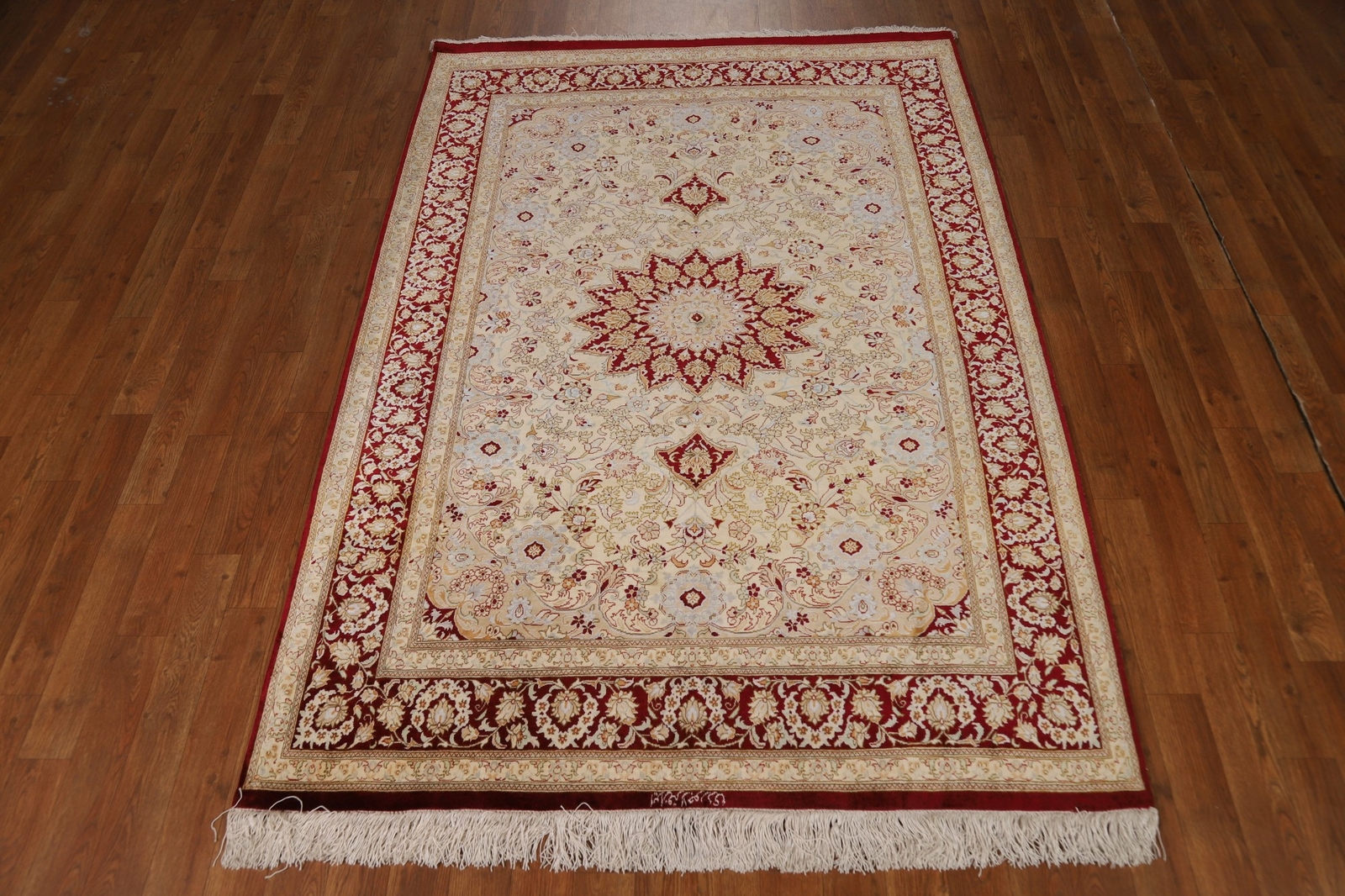 100% Silk Handmade Qquum Beige Traditional Floral Rug Area Carpet 4×6