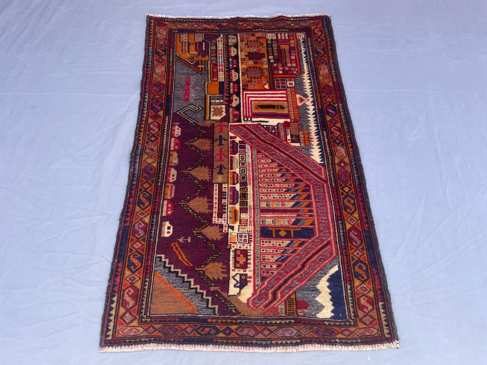 2×4 Handmade Baluchi Pictorial Wool Rug Tribal Architectural Accent Carpet