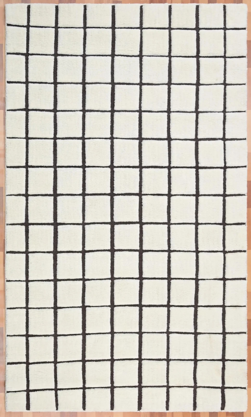 Hand Tufted Ivory & Black Grid Area Rug Modern Checkered Geometric Pattern Soft