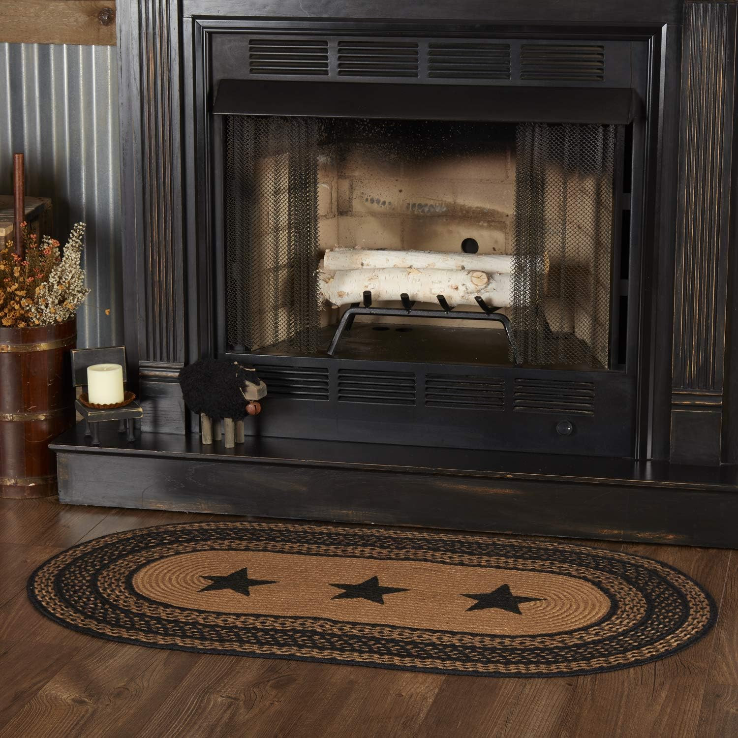 Primitive Jute Oval Accent Rug with Black Stenciled Stars & Floor Pad 27″x48