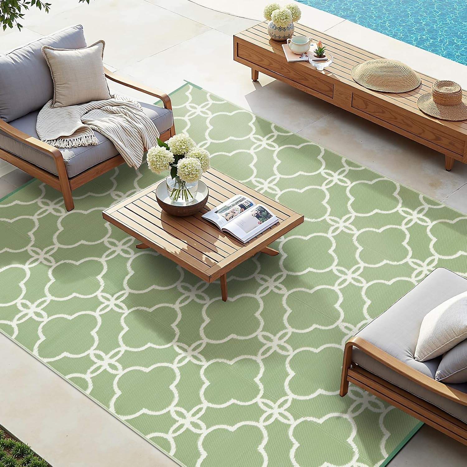 Ashler Sage Green Outdoor Plastic Straw Rug Waterproof for Patio, Clearance