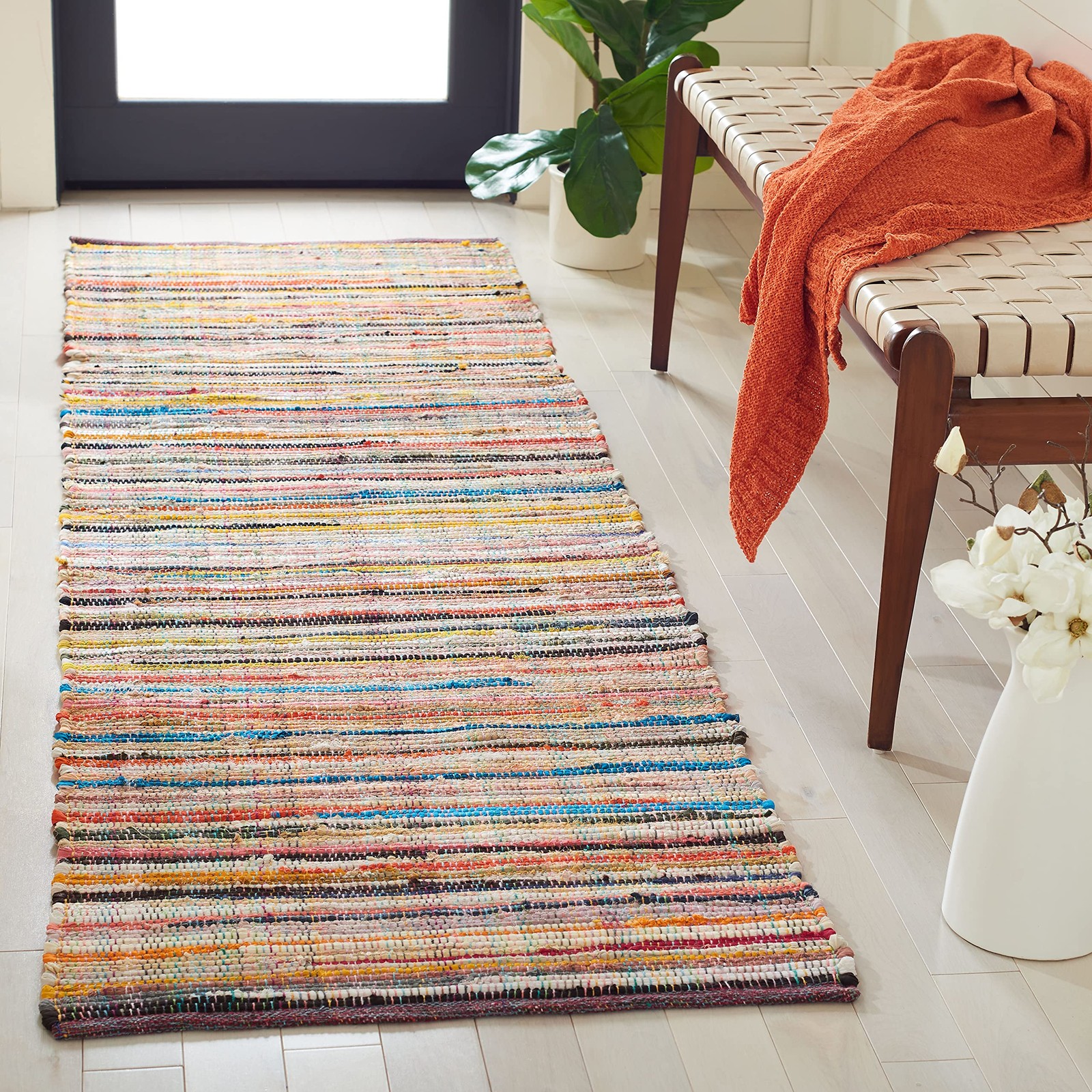 Rag Rug Collection Runner Rug – 2’3″ x 8′, Ivory & Multi, Handmade Boho Strip…