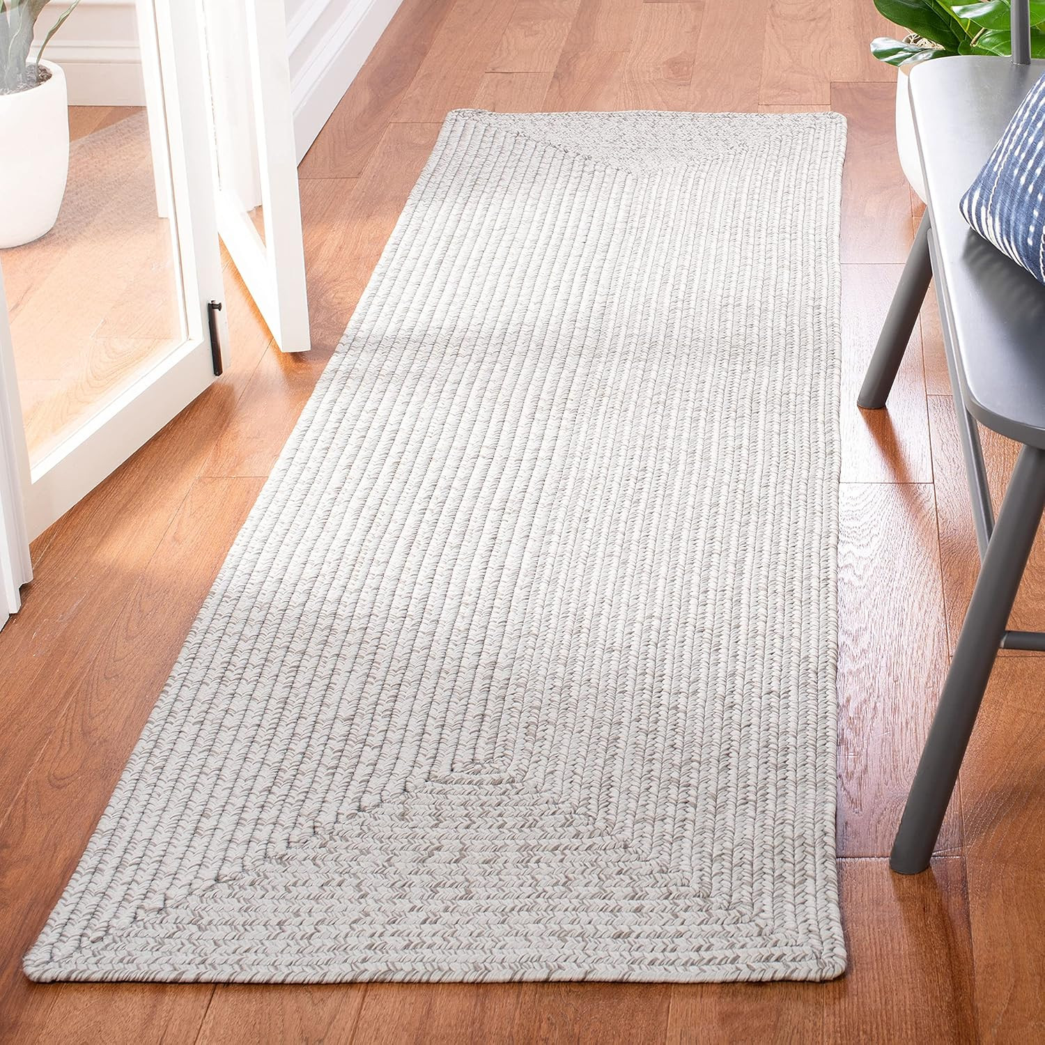 Handmade Reversible Outdoor Braided Runner Rug – 2’3″ x 14′, Silver & Grey
